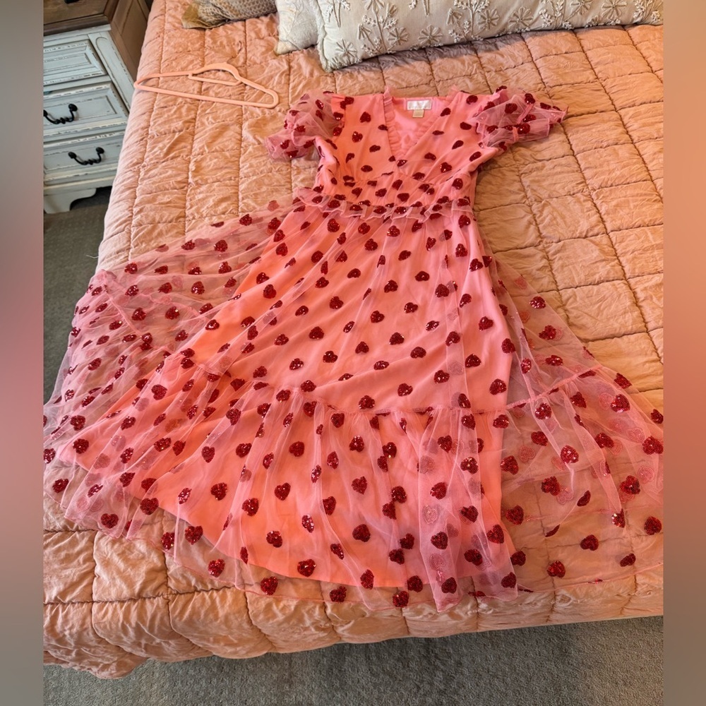 Adrianna Papell Pink Sequin Heart Tulle Dress XS Romantic